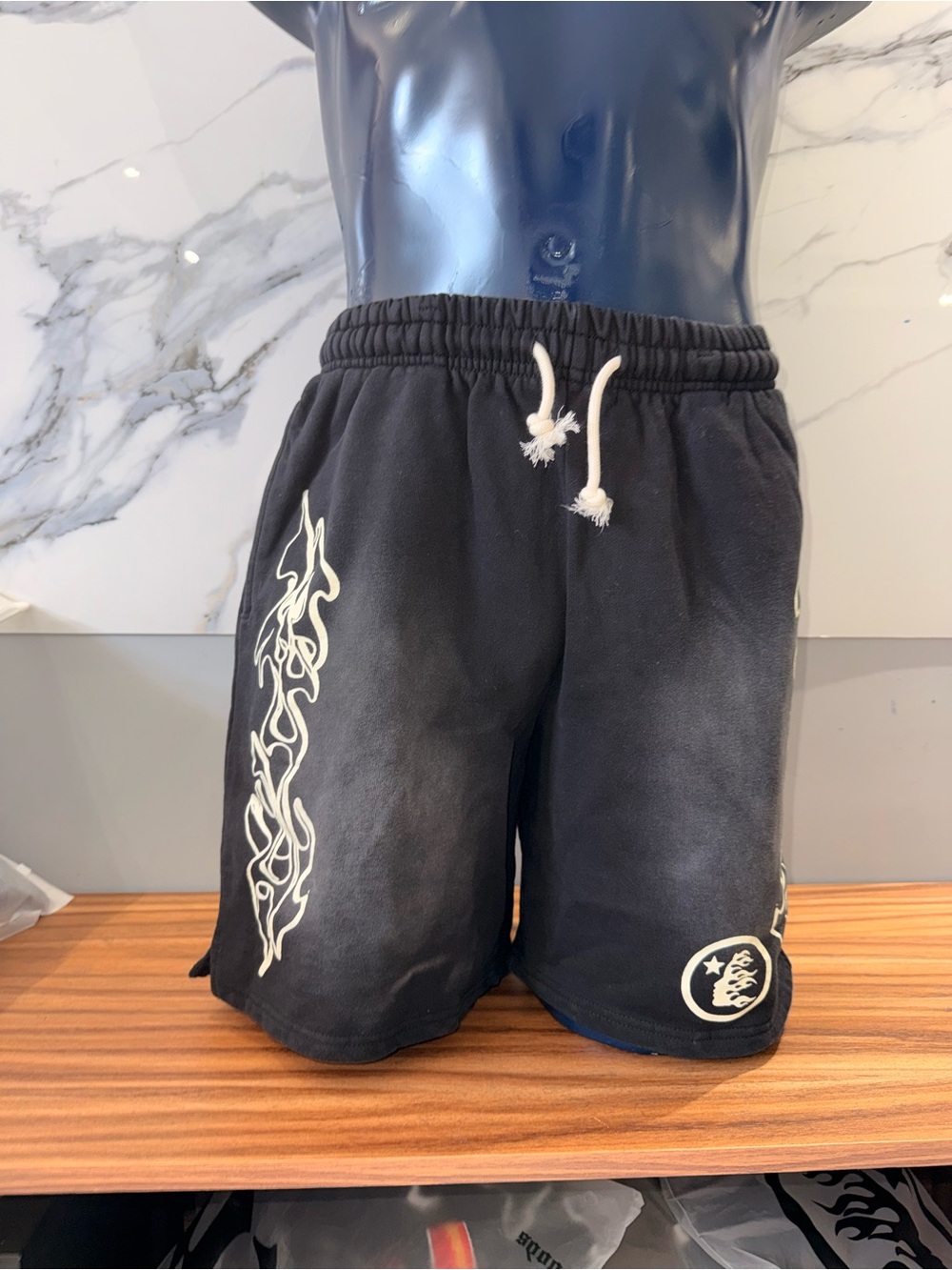 Black Men's Athletic Drawstring Shorts with White Flame Graphic